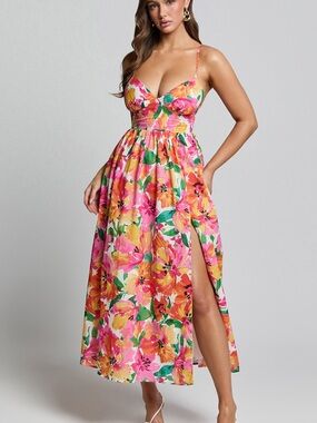 Showpo Pink Yellow Green Floral Spaghetti-Strap Maxi Dress